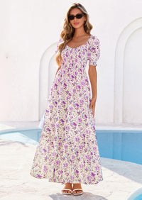 PRETTYGARDEN Women's Floral Boho Maxi Dresses Flowy Short Sleeve A Line Smocked Eyelet Summer Beach Vacation Clothes PRETTYGARDEN