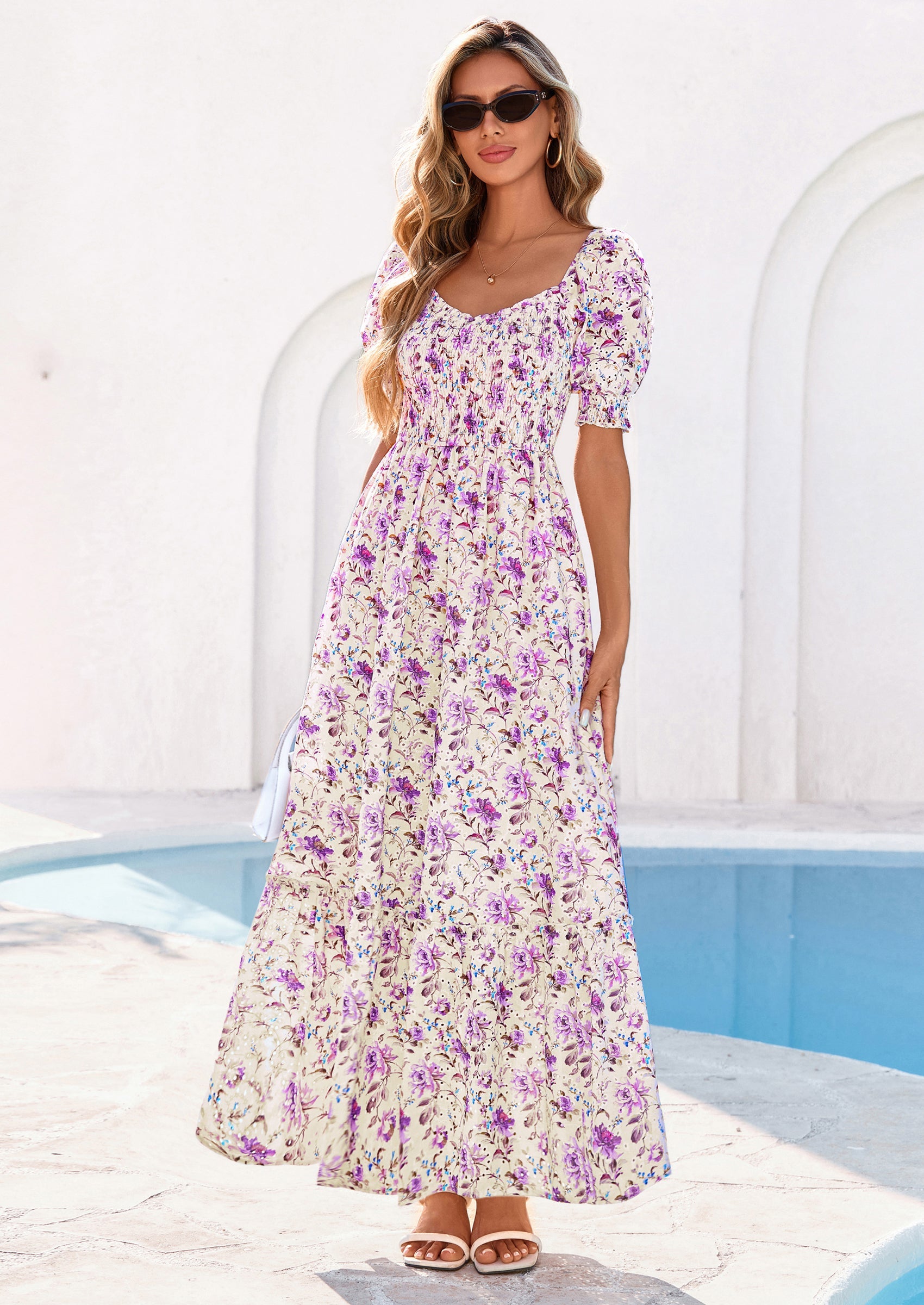 PRETTYGARDEN Women's Floral Boho Maxi Dresses Flowy Short Sleeve A Line Smocked Eyelet Summer Beach Vacation Clothes PRETTYGARDEN