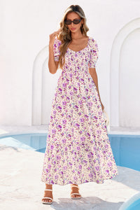 PRETTYGARDEN Women's Floral Boho Maxi Dresses Flowy Short Sleeve A Line Smocked Eyelet Summer Beach Vacation Clothes PRETTYGARDEN