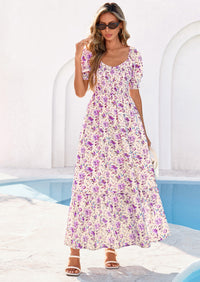 PRETTYGARDEN Women's Floral Boho Maxi Dresses Flowy Short Sleeve A Line Smocked Eyelet Summer Beach Vacation Clothes PRETTYGARDEN