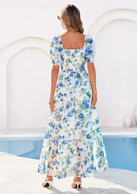 PRETTYGARDEN Women's Floral Boho Maxi Dresses Flowy Short Sleeve A Line Smocked Eyelet Summer Beach Vacation Clothes PRETTYGARDEN