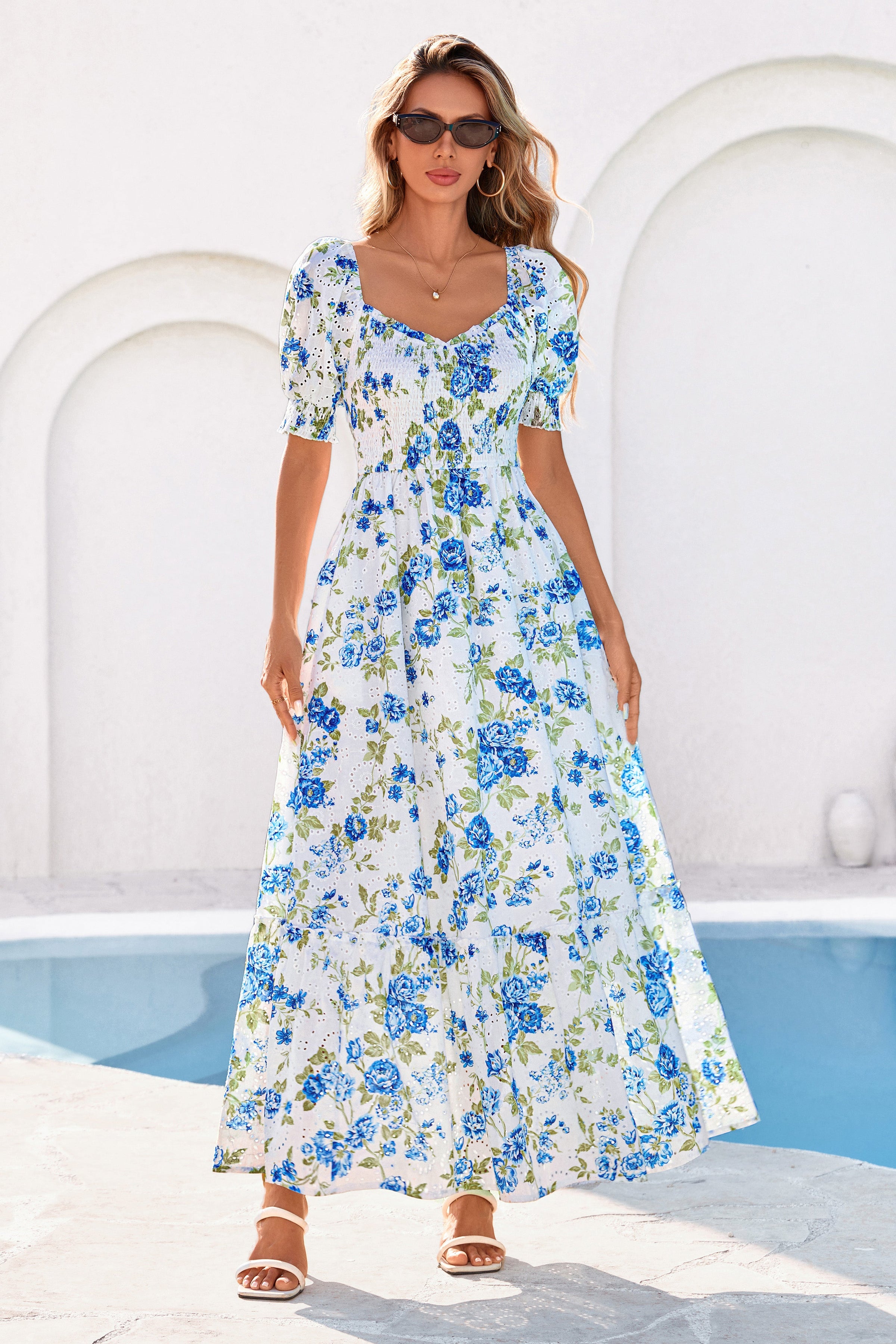 PRETTYGARDEN Women's Floral Boho Maxi Dresses Flowy Short Sleeve A Line Smocked Eyelet Summer Beach Vacation Clothes PRETTYGARDEN