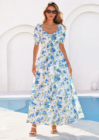 PRETTYGARDEN Women's Floral Boho Maxi Dresses Flowy Short Sleeve A Line Smocked Eyelet Summer Beach Vacation Clothes PRETTYGARDEN