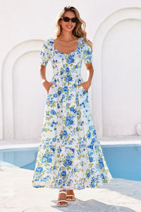 PRETTYGARDEN Women's Floral Boho Maxi Dresses Flowy Short Sleeve A Line Smocked Eyelet Summer Beach Vacation Clothes PRETTYGARDEN