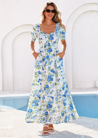 PRETTYGARDEN Women's Floral Boho Maxi Dresses Flowy Short Sleeve A Line Smocked Eyelet Summer Beach Vacation Clothes PRETTYGARDEN