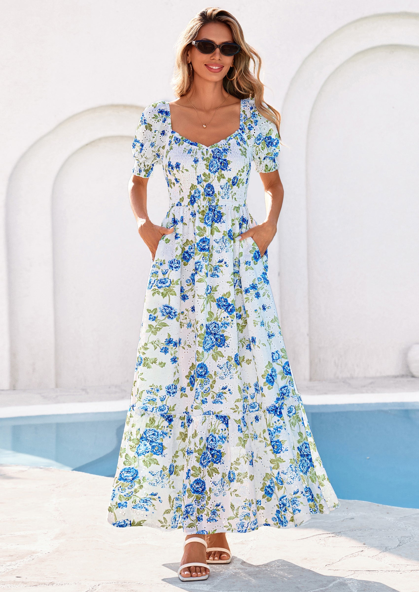 PRETTYGARDEN Women's Floral Boho Maxi Dresses Flowy Short Sleeve A Line Smocked Eyelet Summer Beach Vacation Clothes PRETTYGARDEN