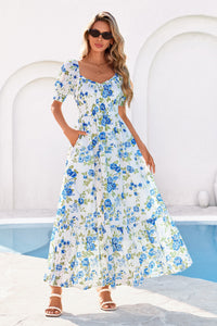 PRETTYGARDEN Women's Floral Boho Maxi Dresses Flowy Short Sleeve A Line Smocked Eyelet Summer Beach Vacation Clothes PRETTYGARDEN