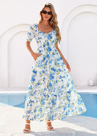 PRETTYGARDEN Women's Floral Boho Maxi Dresses Flowy Short Sleeve A Line Smocked Eyelet Summer Beach Vacation Clothes PRETTYGARDEN