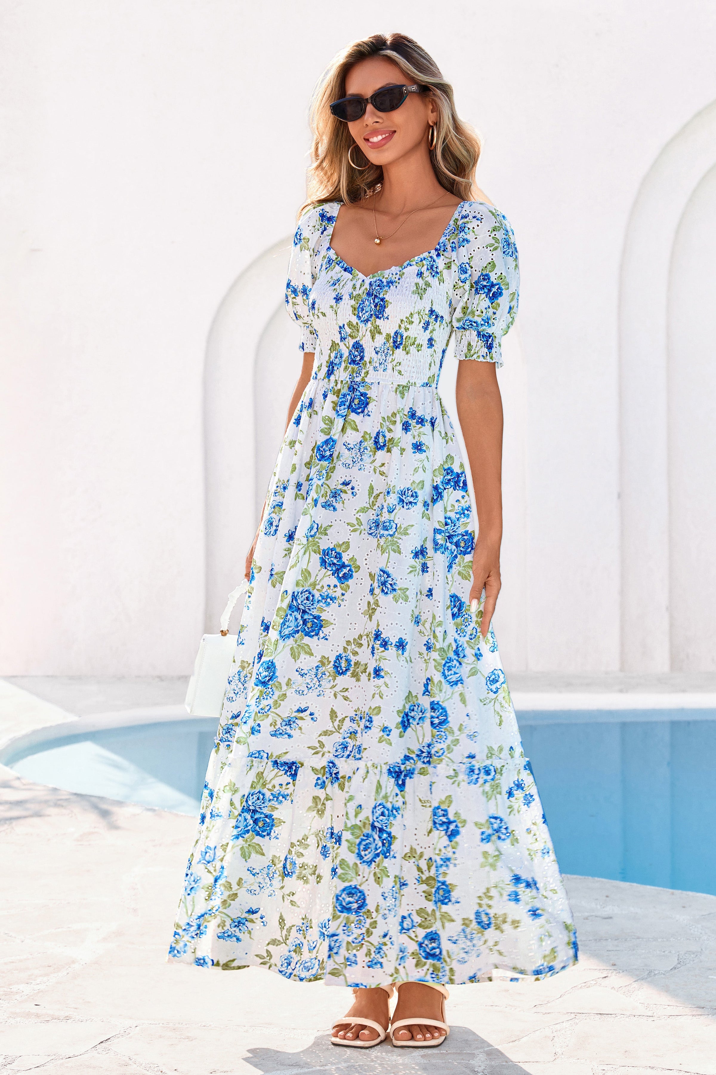 PRETTYGARDEN Women's Floral Boho Maxi Dresses Flowy Short Sleeve A Line Smocked Eyelet Summer Beach Vacation Clothes PRETTYGARDEN