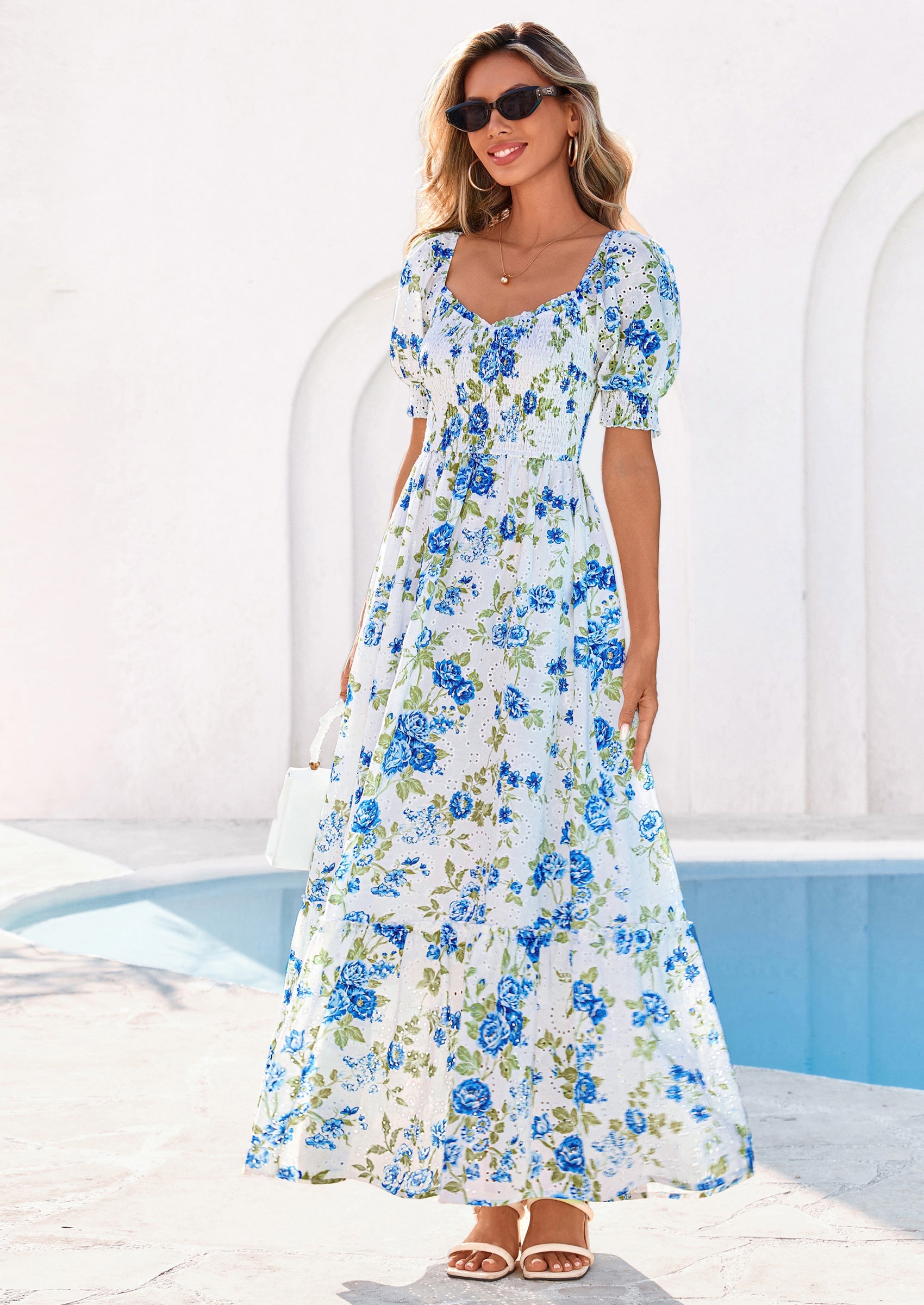 PRETTYGARDEN Women's Floral Boho Maxi Dresses Flowy Short Sleeve A Line Smocked Eyelet Summer Beach Vacation Clothes PRETTYGARDEN