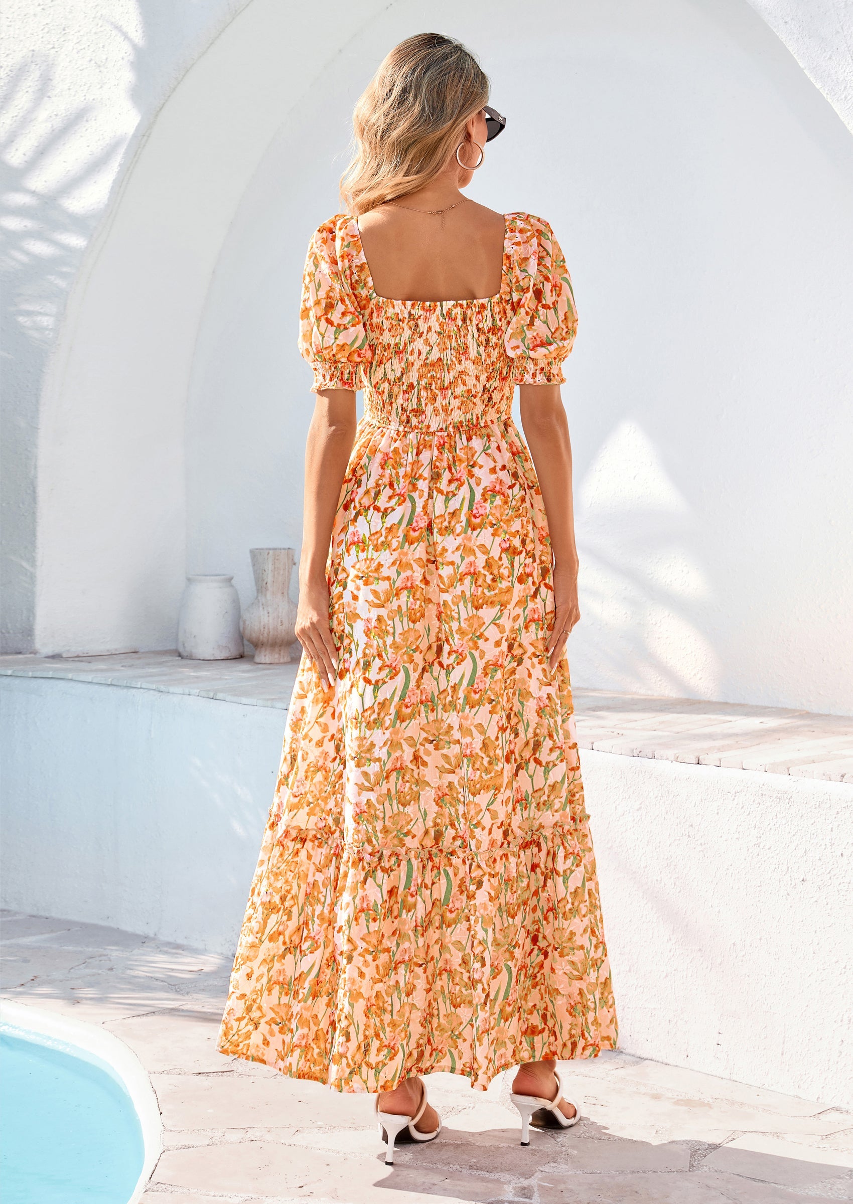 PRETTYGARDEN Women's Floral Boho Maxi Dresses Flowy Short Sleeve A Line Smocked Eyelet Summer Beach Vacation Clothes PRETTYGARDEN