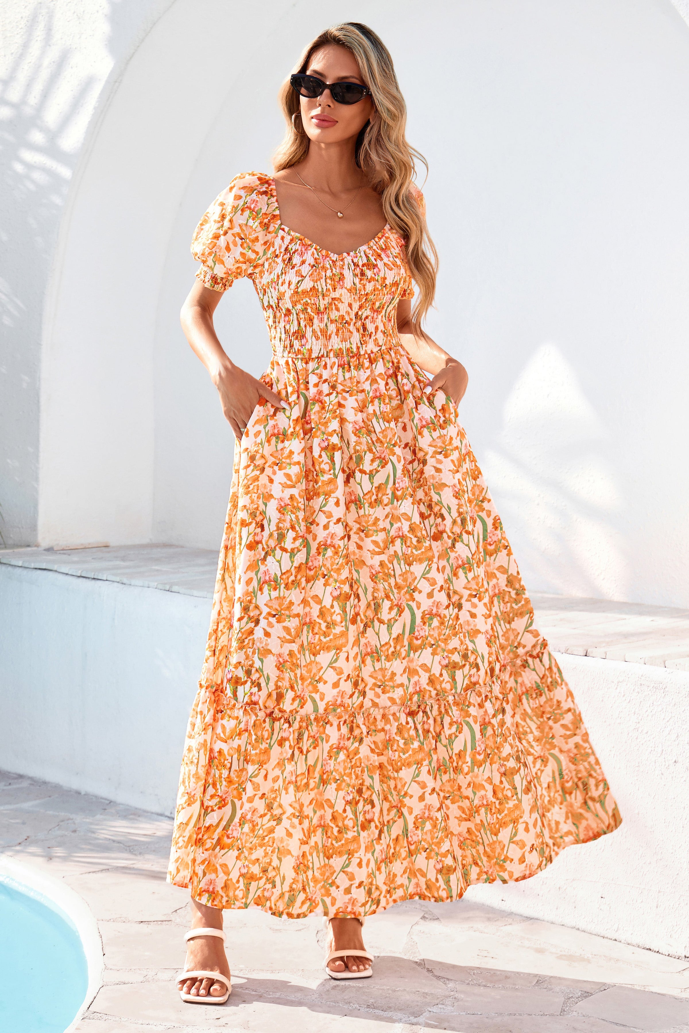 PRETTYGARDEN Women's Floral Boho Maxi Dresses Flowy Short Sleeve A Line Smocked Eyelet Summer Beach Vacation Clothes PRETTYGARDEN