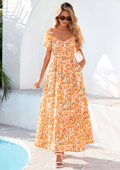 PRETTYGARDEN Women's Floral Boho Maxi Dresses Flowy Short Sleeve A Line Smocked Eyelet Summer Beach Vacation Clothes PRETTYGARDEN