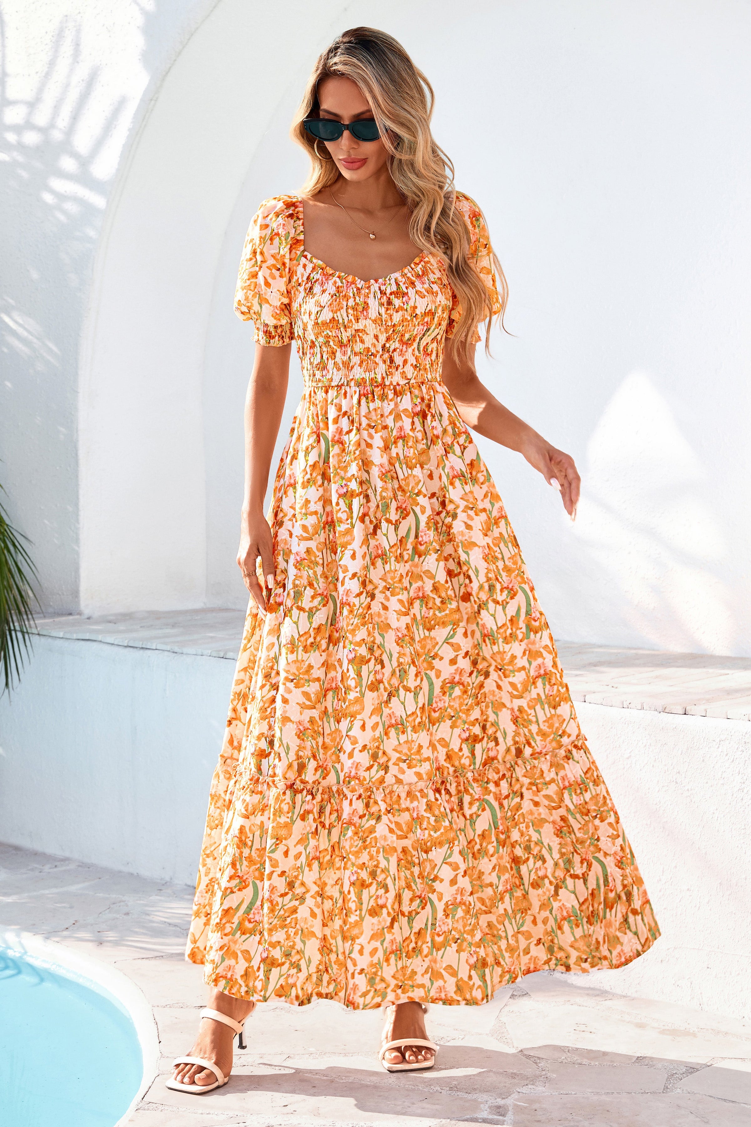 PRETTYGARDEN Women's Floral Boho Maxi Dresses Flowy Short Sleeve A Line Smocked Eyelet Summer Beach Vacation Clothes PRETTYGARDEN