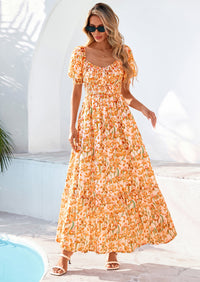 PRETTYGARDEN Women's Floral Boho Maxi Dresses Flowy Short Sleeve A Line Smocked Eyelet Summer Beach Vacation Clothes PRETTYGARDEN