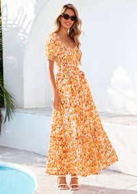 PRETTYGARDEN Women's Floral Boho Maxi Dresses Flowy Short Sleeve A Line Smocked Eyelet Summer Beach Vacation Clothes PRETTYGARDEN