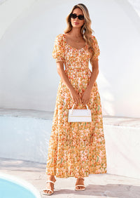 PRETTYGARDEN Women's Floral Boho Maxi Dresses Flowy Short Sleeve A Line Smocked Eyelet Summer Beach Vacation Clothes PRETTYGARDEN