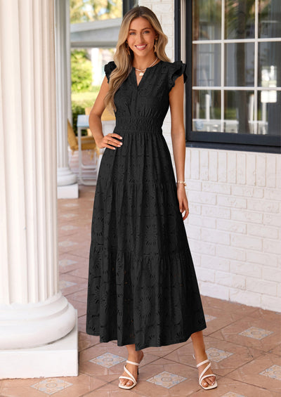 PRETTYGARDEN Womens Boho Maxi Dresses Summer Floral Lace Eyelet V Neck Spring Wedding Guest Dress Beach Vacation Clothes PRETTYGARDEN