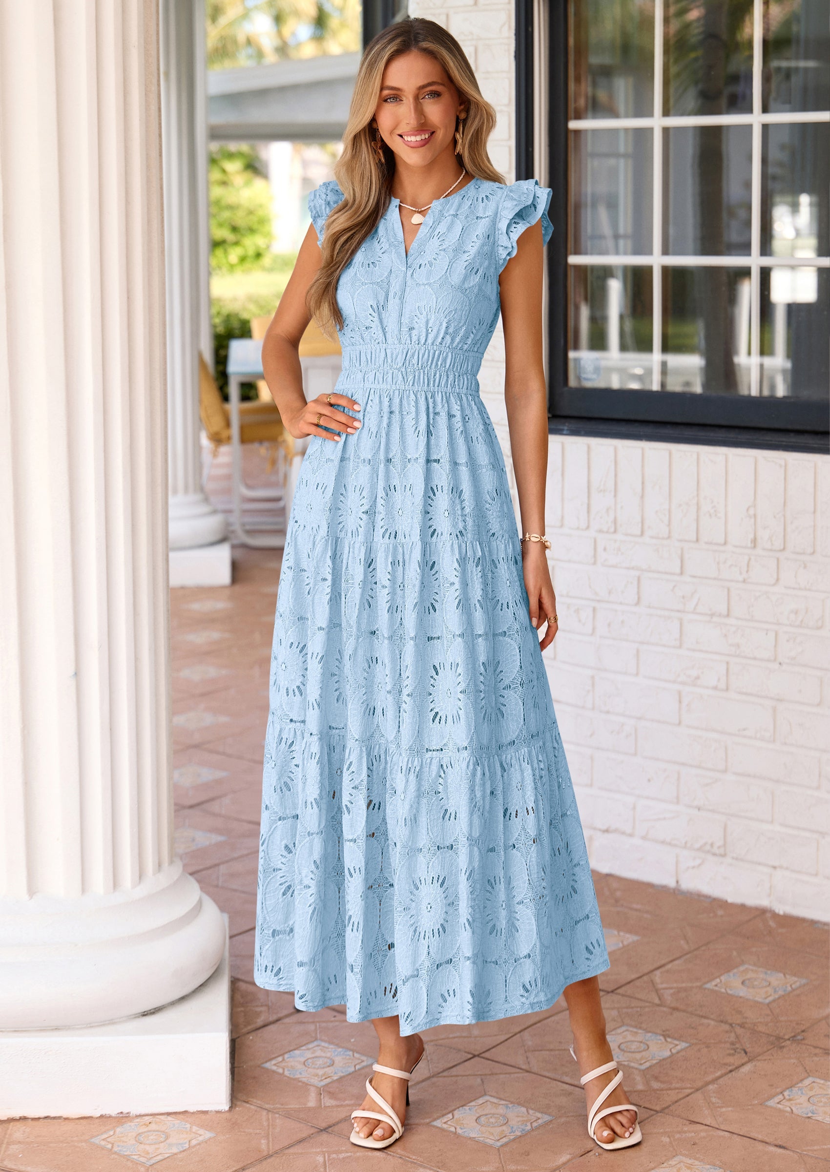 PRETTYGARDEN Womens Boho Maxi Dresses Summer Floral Lace Eyelet V Neck Spring Wedding Guest Dress Beach Vacation Clothes PRETTYGARDEN