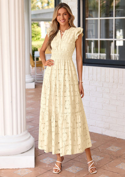 PRETTYGARDEN Womens Boho Maxi Dresses Summer Floral Lace Eyelet V Neck Spring Wedding Guest Dress Beach Vacation Clothes PRETTYGARDEN