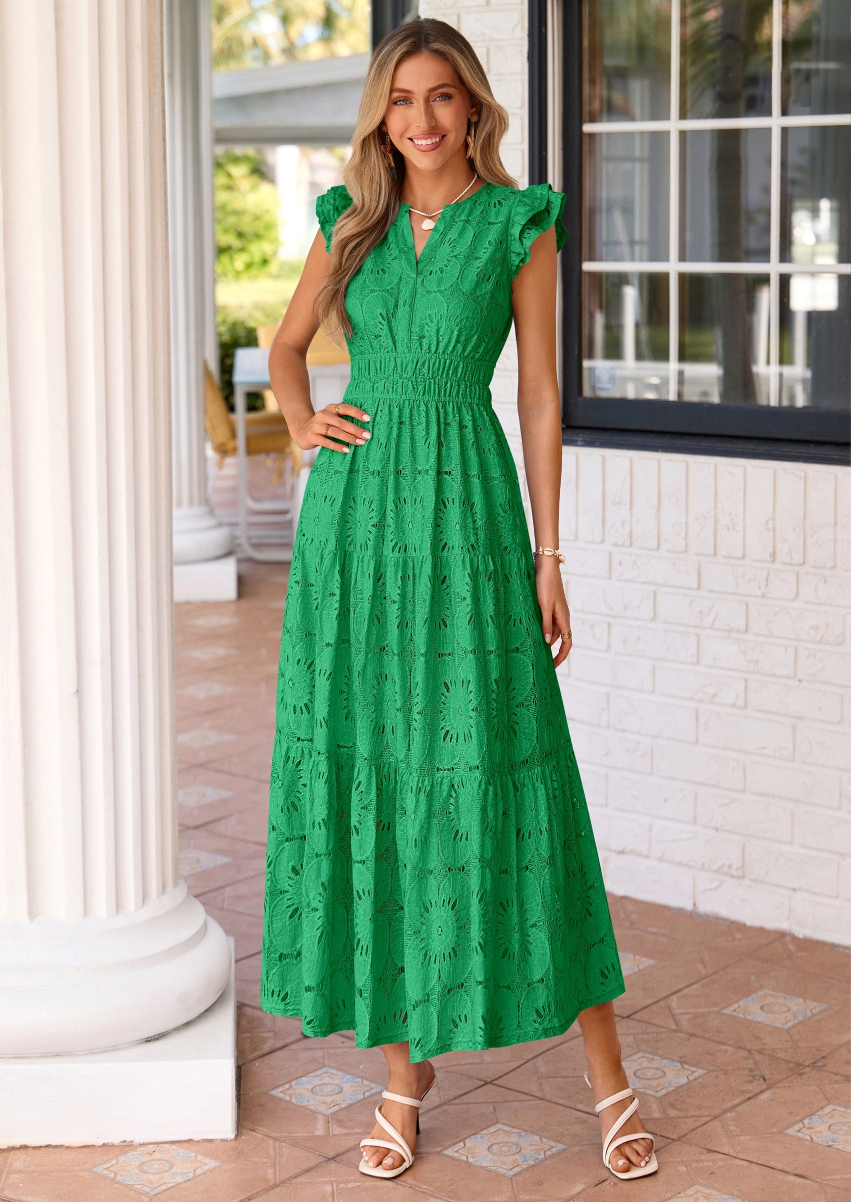 PRETTYGARDEN Womens Boho Maxi Dresses Summer Floral Lace Eyelet V Neck Spring Wedding Guest Dress Beach Vacation Clothes PRETTYGARDEN