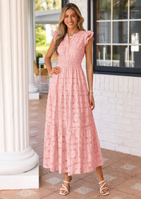 PRETTYGARDEN Womens Boho Maxi Dresses Summer Floral Lace Eyelet V Neck Spring Wedding Guest Dress Beach Vacation Clothes PRETTYGARDEN