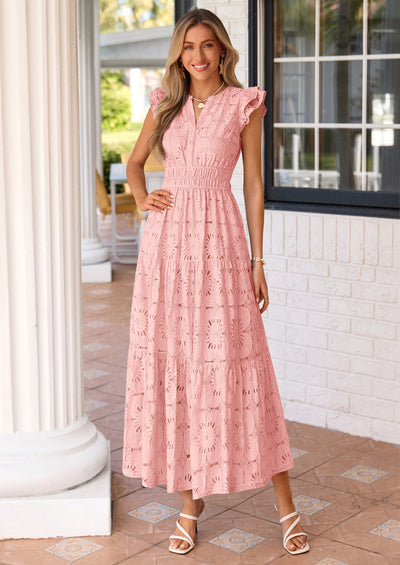 PRETTYGARDEN Womens Boho Maxi Dresses Summer Floral Lace Eyelet V Neck Spring Wedding Guest Dress Beach Vacation Clothes PRETTYGARDEN