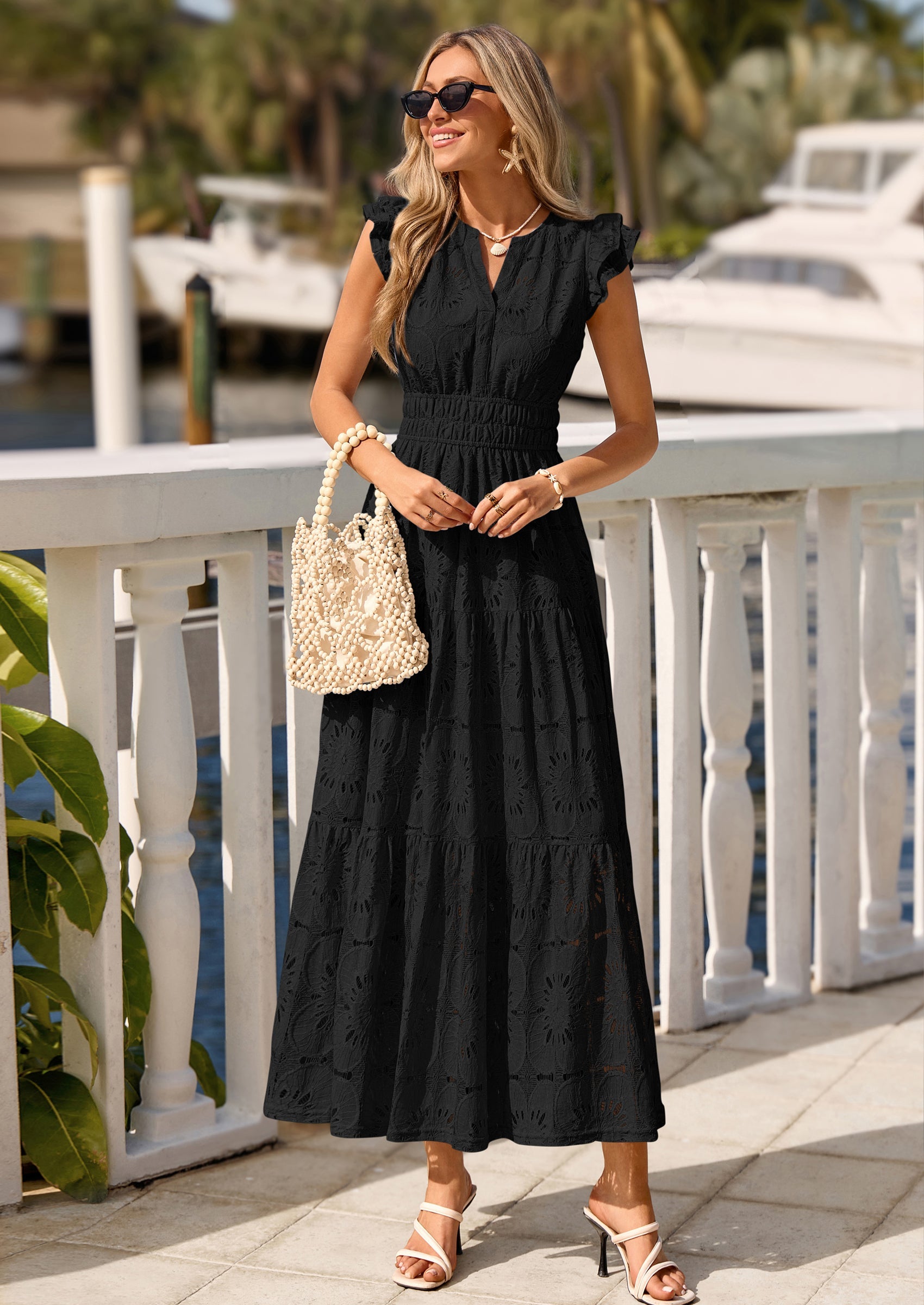 PRETTYGARDEN Womens Boho Maxi Dresses Summer Floral Lace Eyelet V Neck Spring Wedding Guest Dress Beach Vacation Clothes PRETTYGARDEN