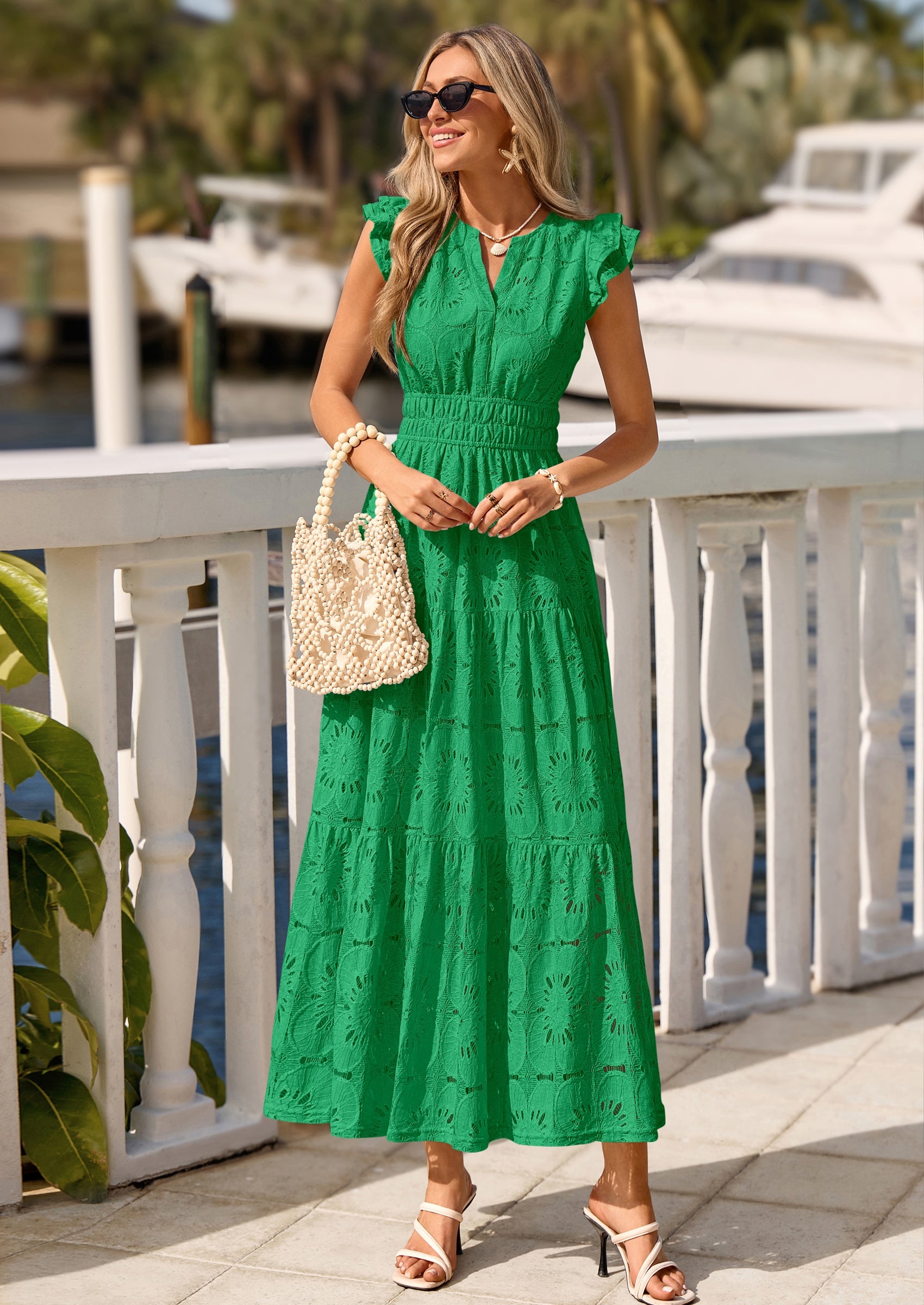 PRETTYGARDEN Womens Boho Maxi Dresses Summer Floral Lace Eyelet V Neck Spring Wedding Guest Dress Beach Vacation Clothes PRETTYGARDEN