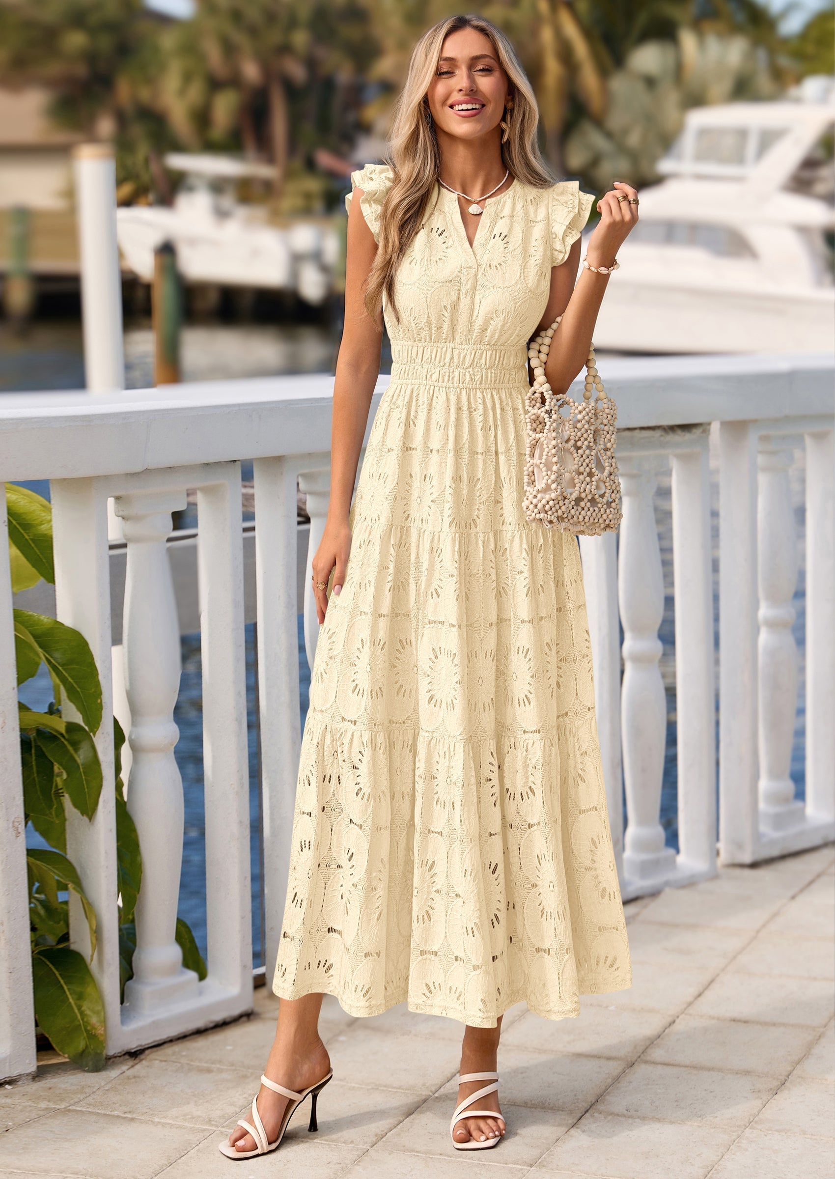 PRETTYGARDEN Womens Boho Maxi Dresses Summer Floral Lace Eyelet V Neck Spring Wedding Guest Dress Beach Vacation Clothes PRETTYGARDEN