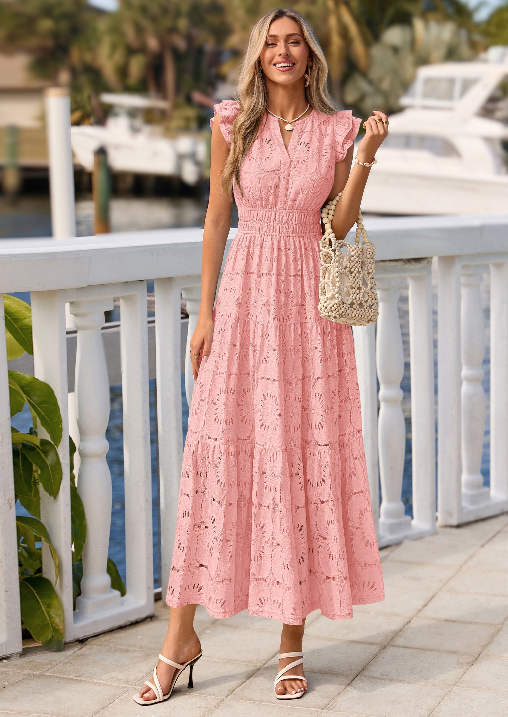 PRETTYGARDEN Womens Boho Maxi Dresses Summer Floral Lace Eyelet V Neck Spring Wedding Guest Dress Beach Vacation Clothes PRETTYGARDEN