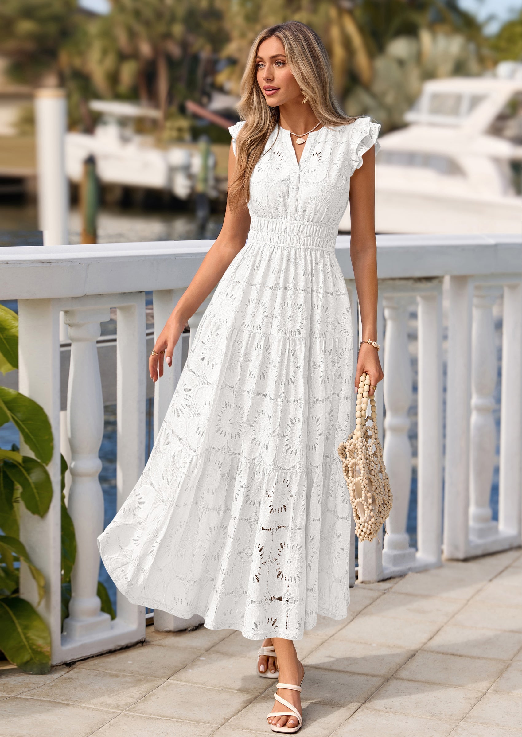 PRETTYGARDEN Womens Boho Maxi Dresses Summer Floral Lace Eyelet V Neck Spring Wedding Guest Dress Beach Vacation Clothes PRETTYGARDEN