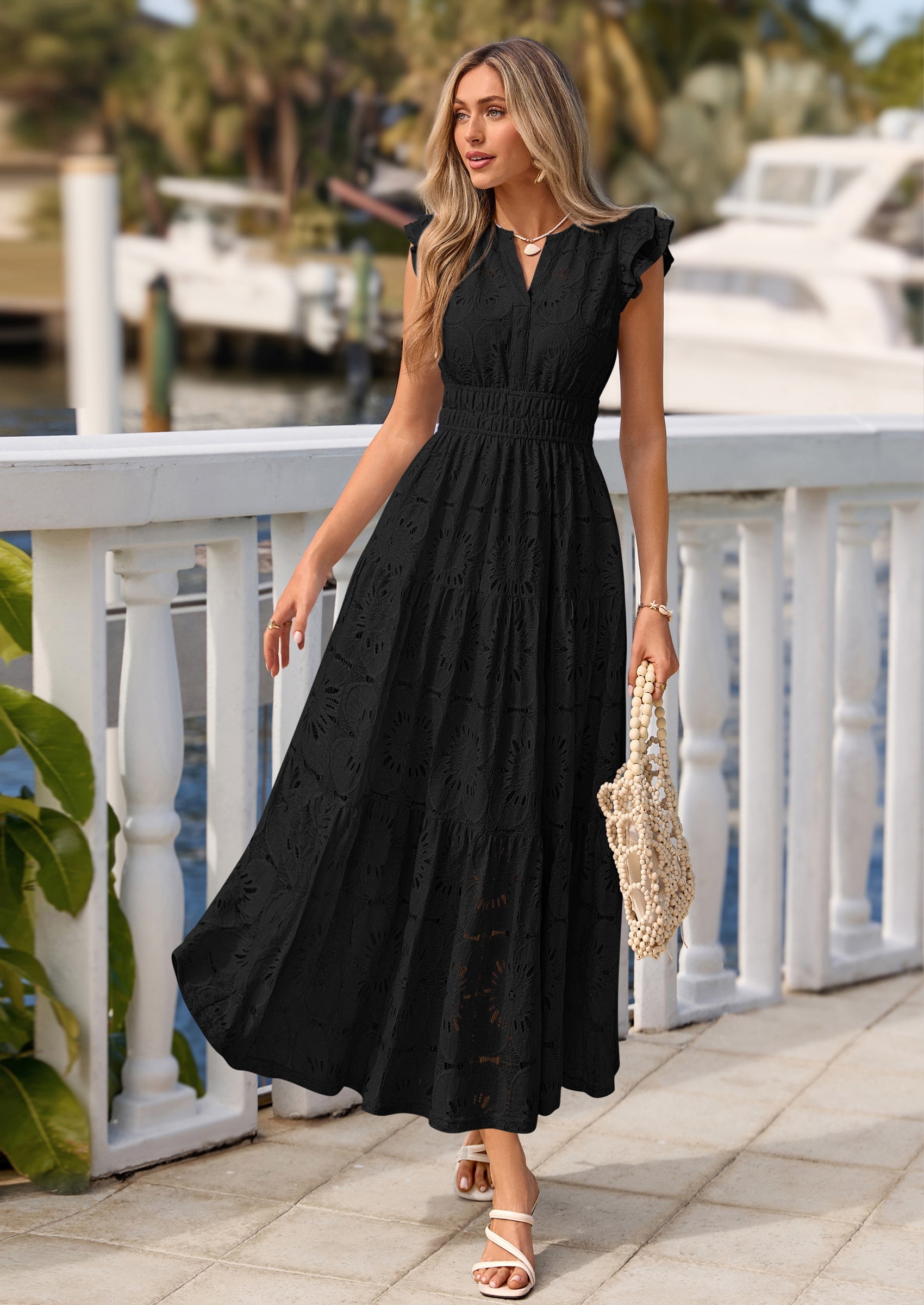 PRETTYGARDEN Womens Boho Maxi Dresses Summer Floral Lace Eyelet V Neck Spring Wedding Guest Dress Beach Vacation Clothes PRETTYGARDEN