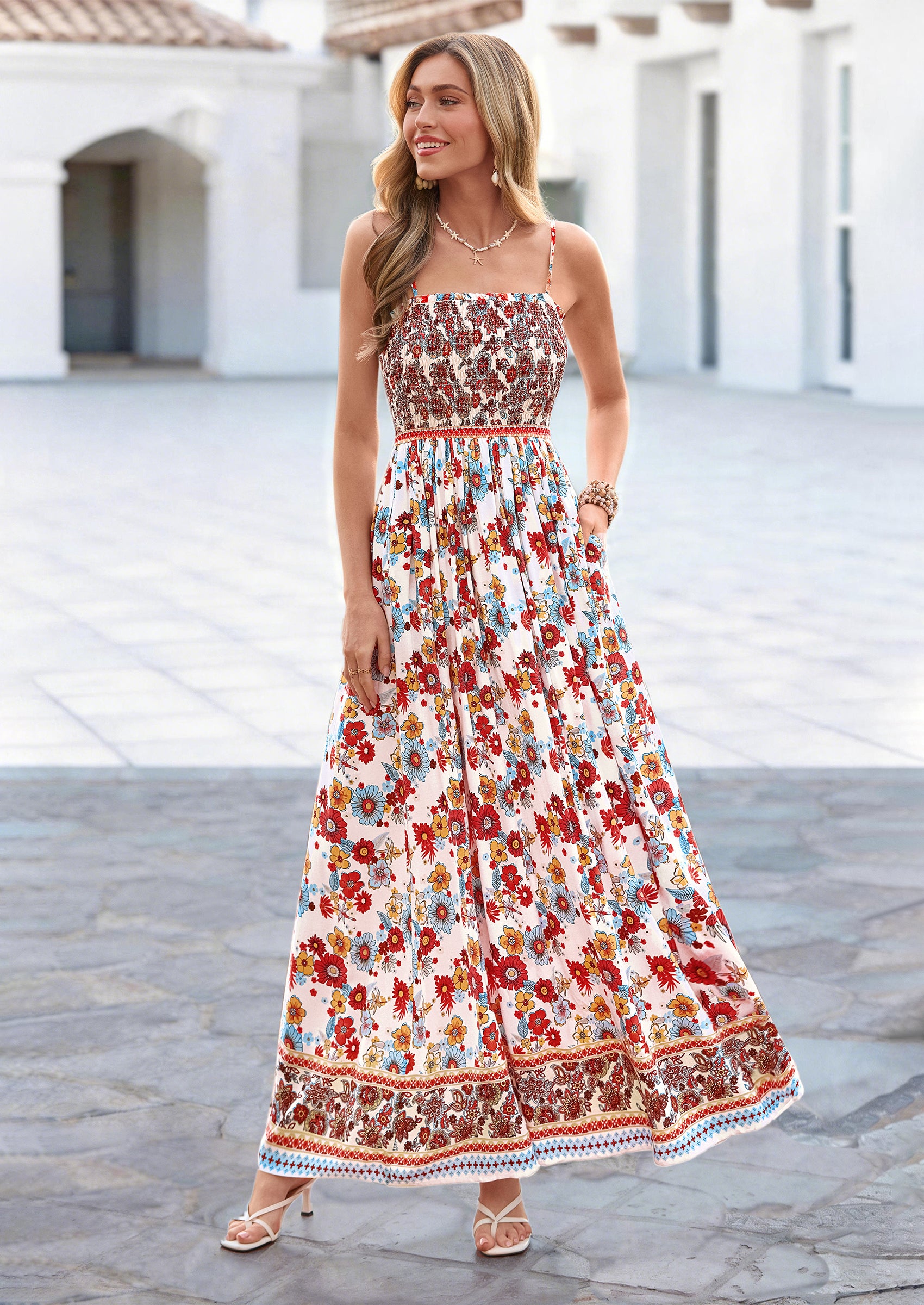 PRETTYGARDEN Womens Floral Maxi Dress Boho Casual Summer Spaghetti Strap Smocked Sleeveless Flowy Beach Vacation Dresses