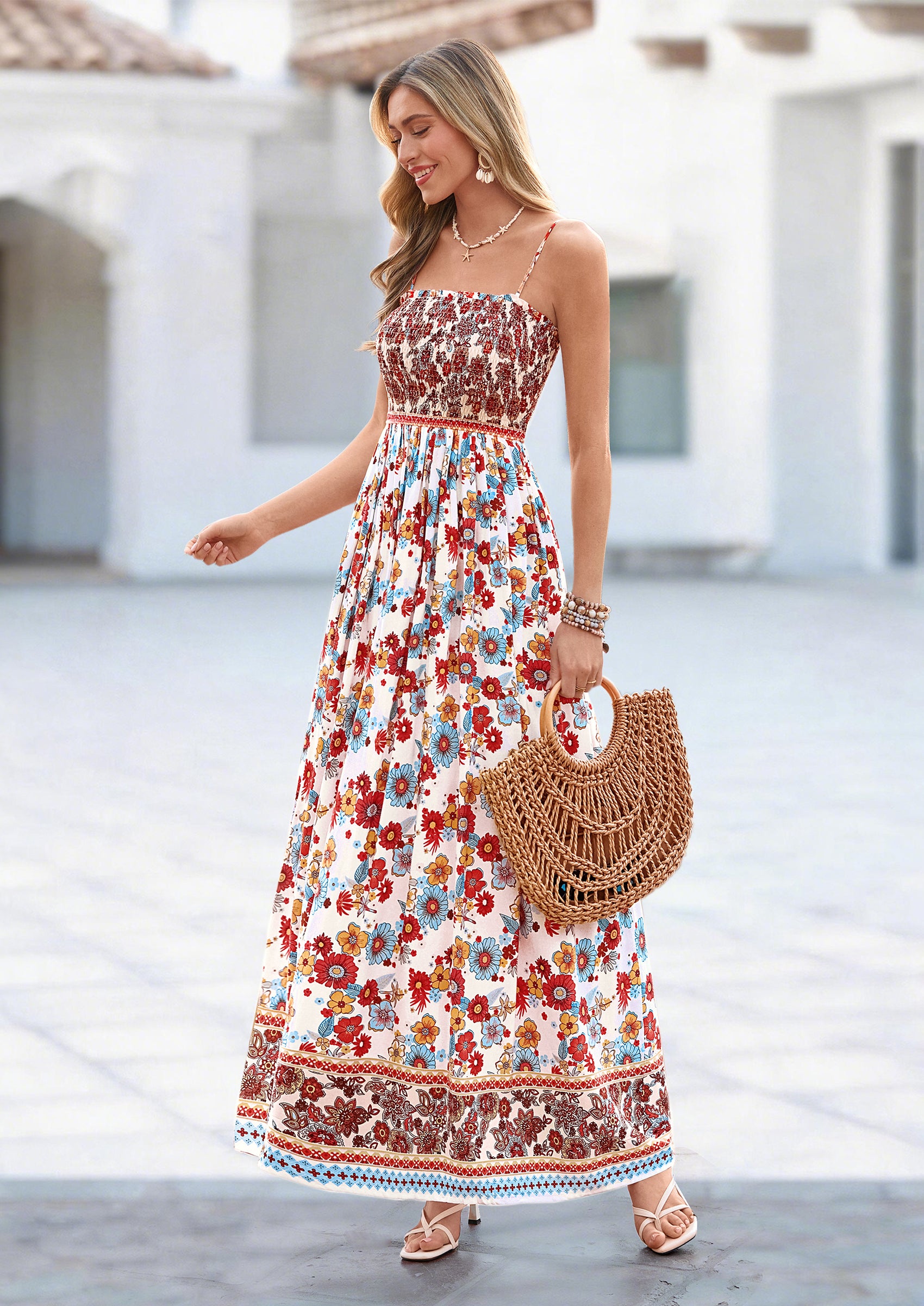 PRETTYGARDEN Womens Floral Maxi Dress Boho Casual Summer Spaghetti Strap Smocked Sleeveless Flowy Beach Vacation Dresses
