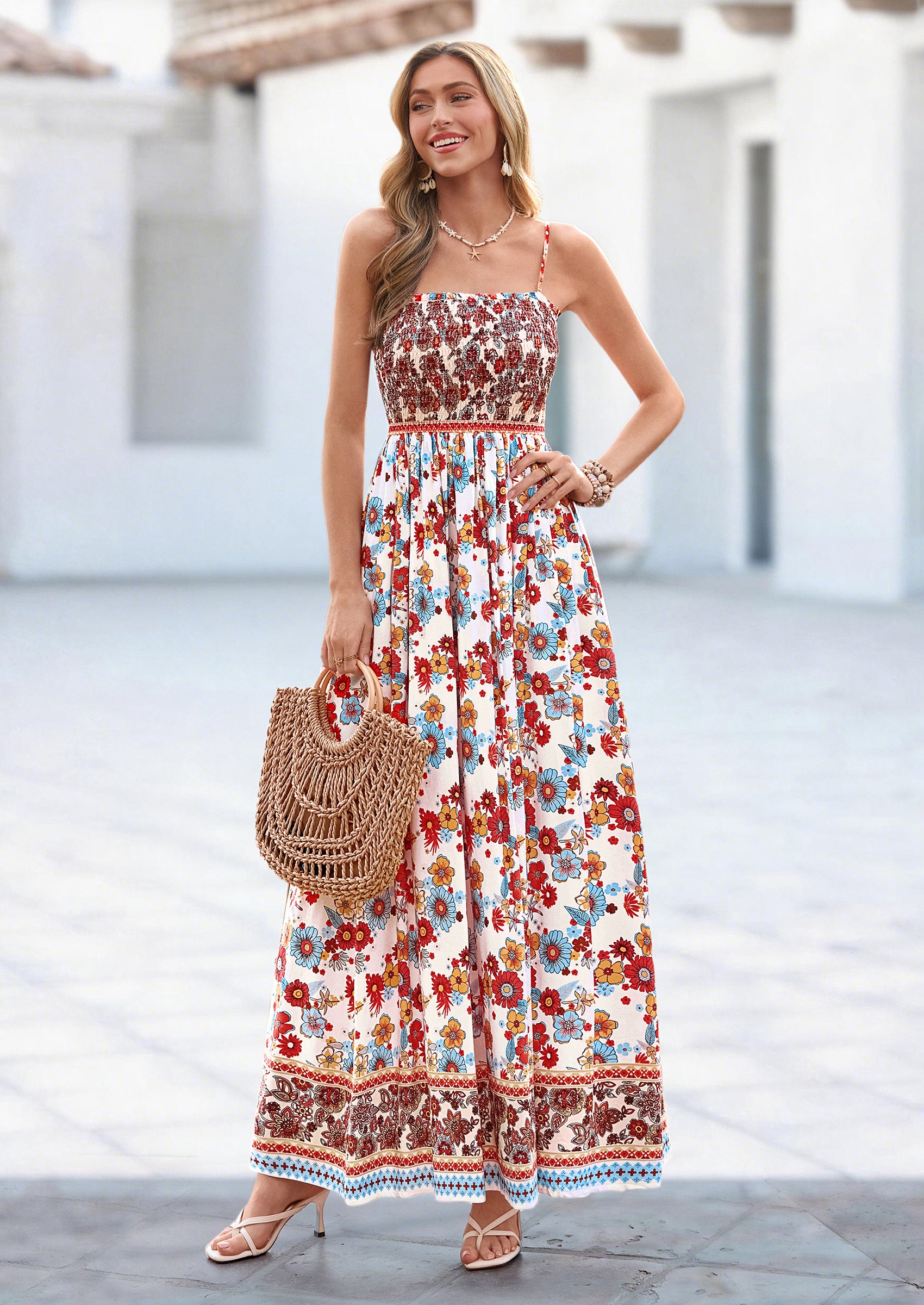 PRETTYGARDEN Womens Floral Maxi Dress Boho Casual Summer Spaghetti Strap Smocked Sleeveless Flowy Beach Vacation Dresses