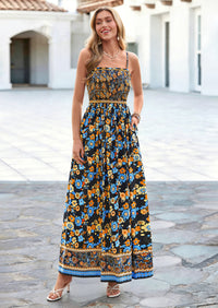 PRETTYGARDEN Womens Floral Maxi Dress Boho Casual Summer Spaghetti Strap Smocked Sleeveless Flowy Beach Vacation Dresses