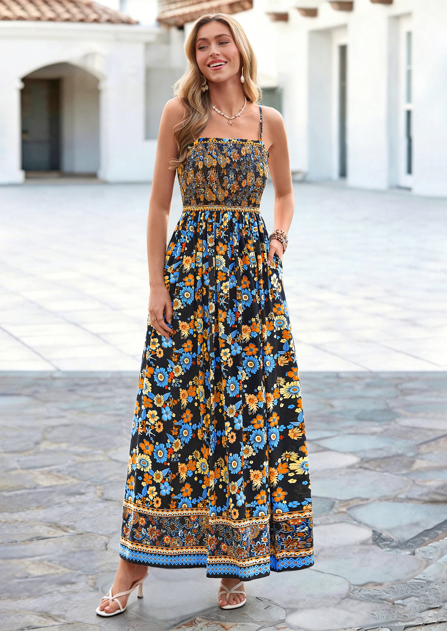 PRETTYGARDEN Womens Floral Maxi Dress Boho Casual Summer Spaghetti Strap Smocked Sleeveless Flowy Beach Vacation Dresses