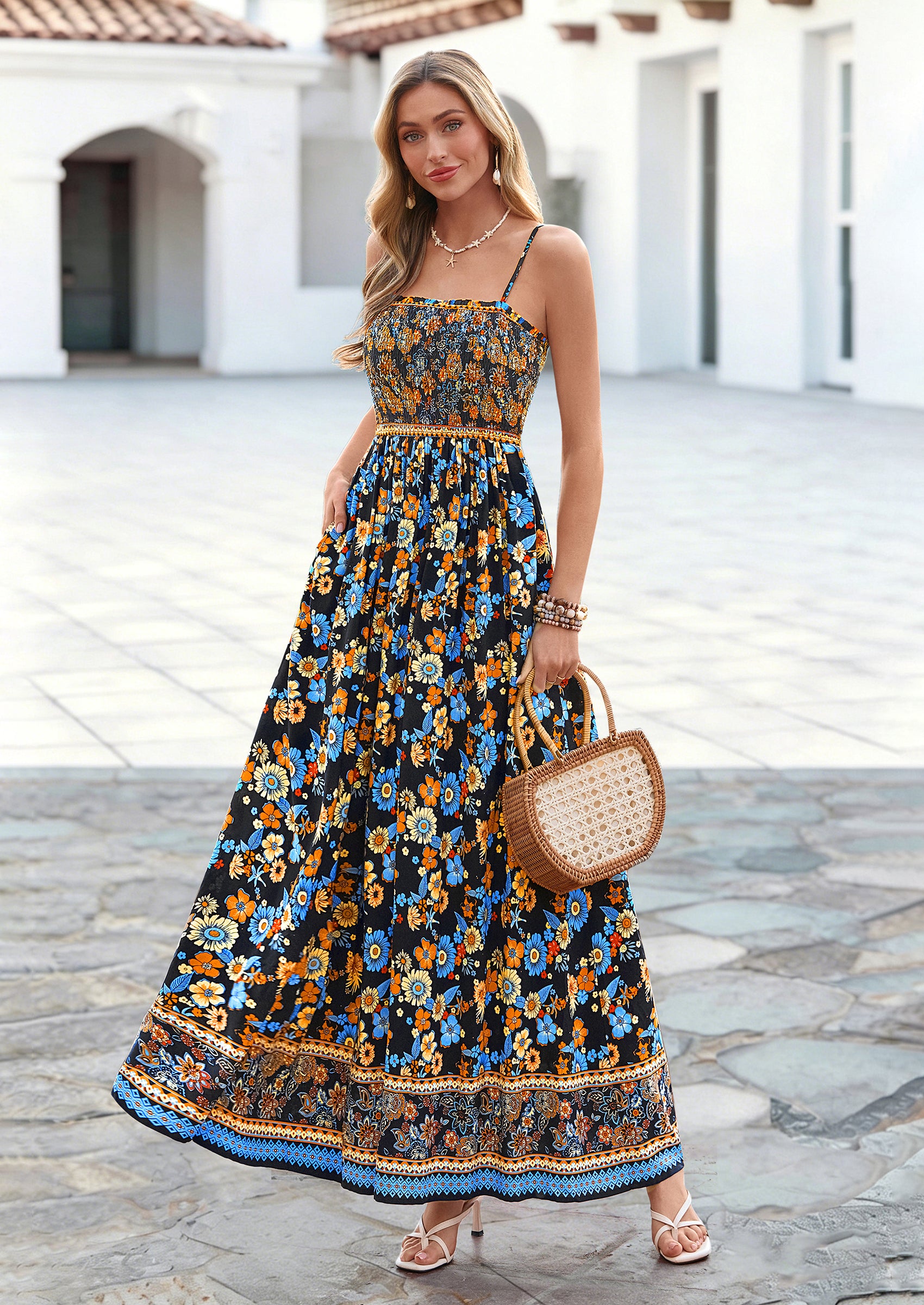 PRETTYGARDEN Womens Floral Maxi Dress Boho Casual Summer Spaghetti Strap Smocked Sleeveless Flowy Beach Vacation Dresses