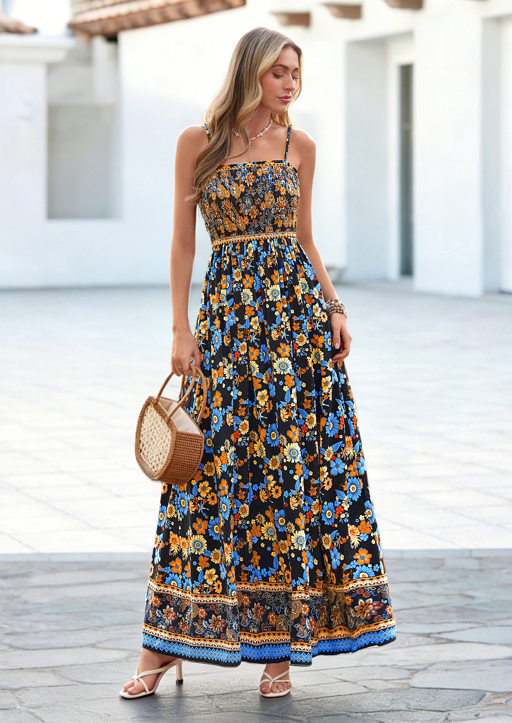 PRETTYGARDEN Womens Floral Maxi Dress Boho Casual Summer Spaghetti Strap Smocked Sleeveless Flowy Beach Vacation Dresses