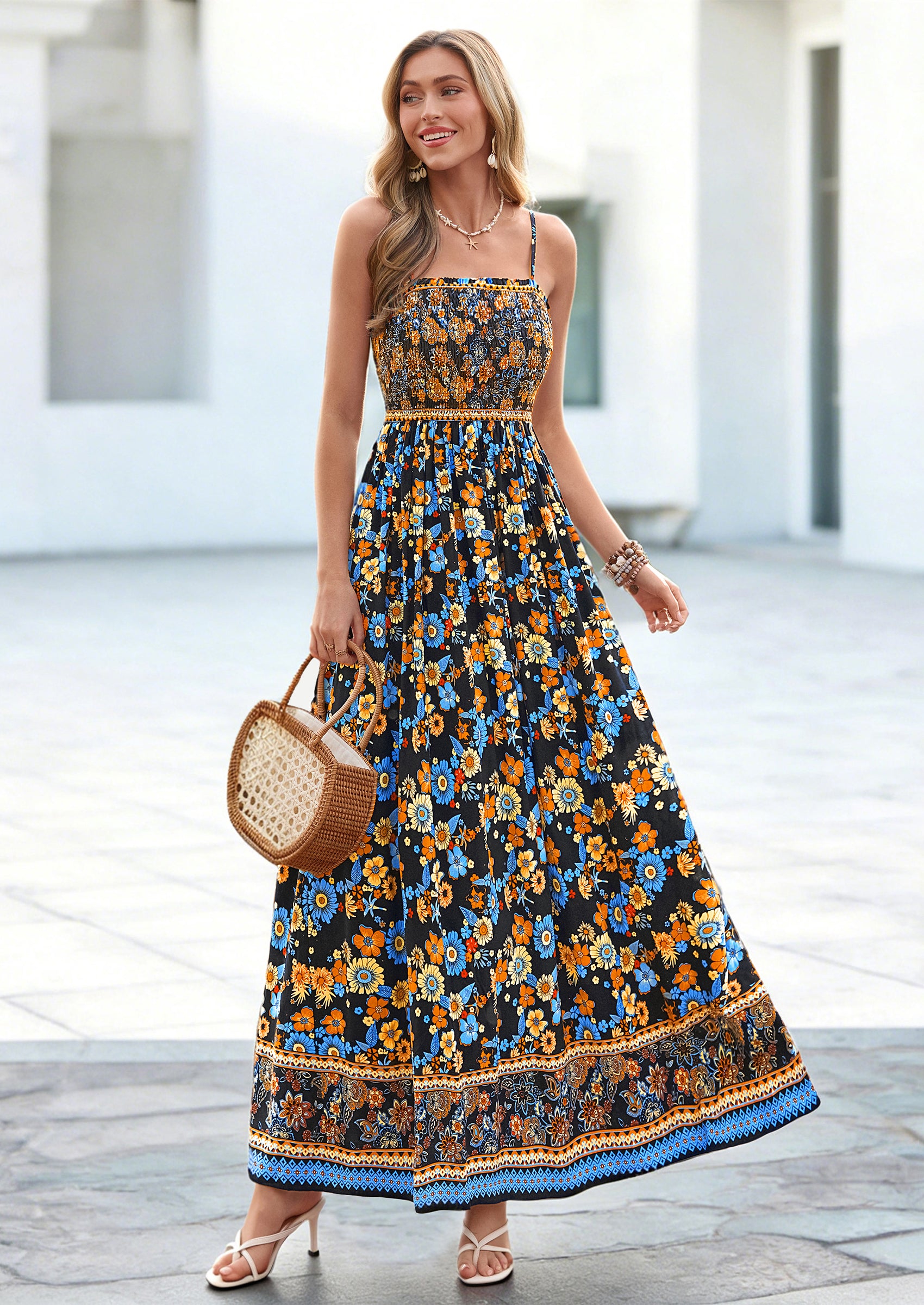 PRETTYGARDEN Womens Floral Maxi Dress Boho Casual Summer Spaghetti Strap Smocked Sleeveless Flowy Beach Vacation Dresses