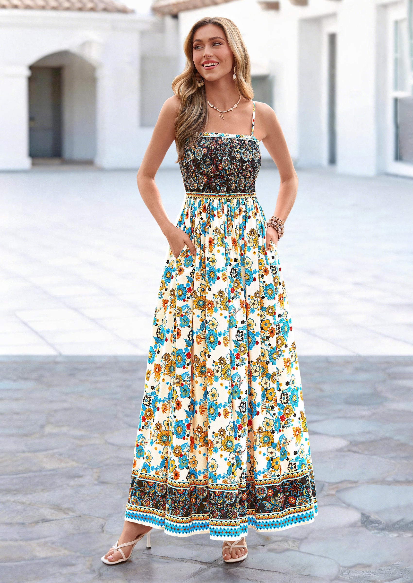 PRETTYGARDEN Womens Floral Maxi Dress Boho Casual Summer Spaghetti Strap Smocked Sleeveless Flowy Beach Vacation Dresses