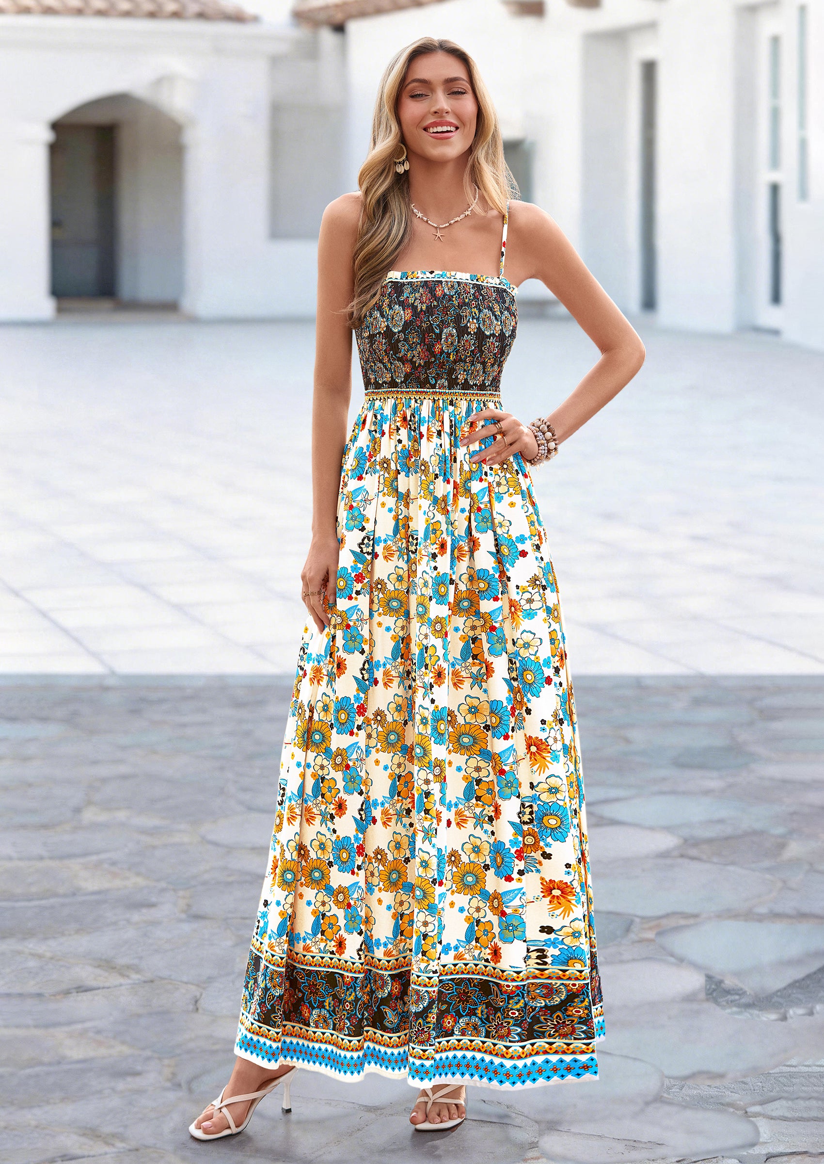 PRETTYGARDEN Womens Floral Maxi Dress Boho Casual Summer Spaghetti Strap Smocked Sleeveless Flowy Beach Vacation Dresses