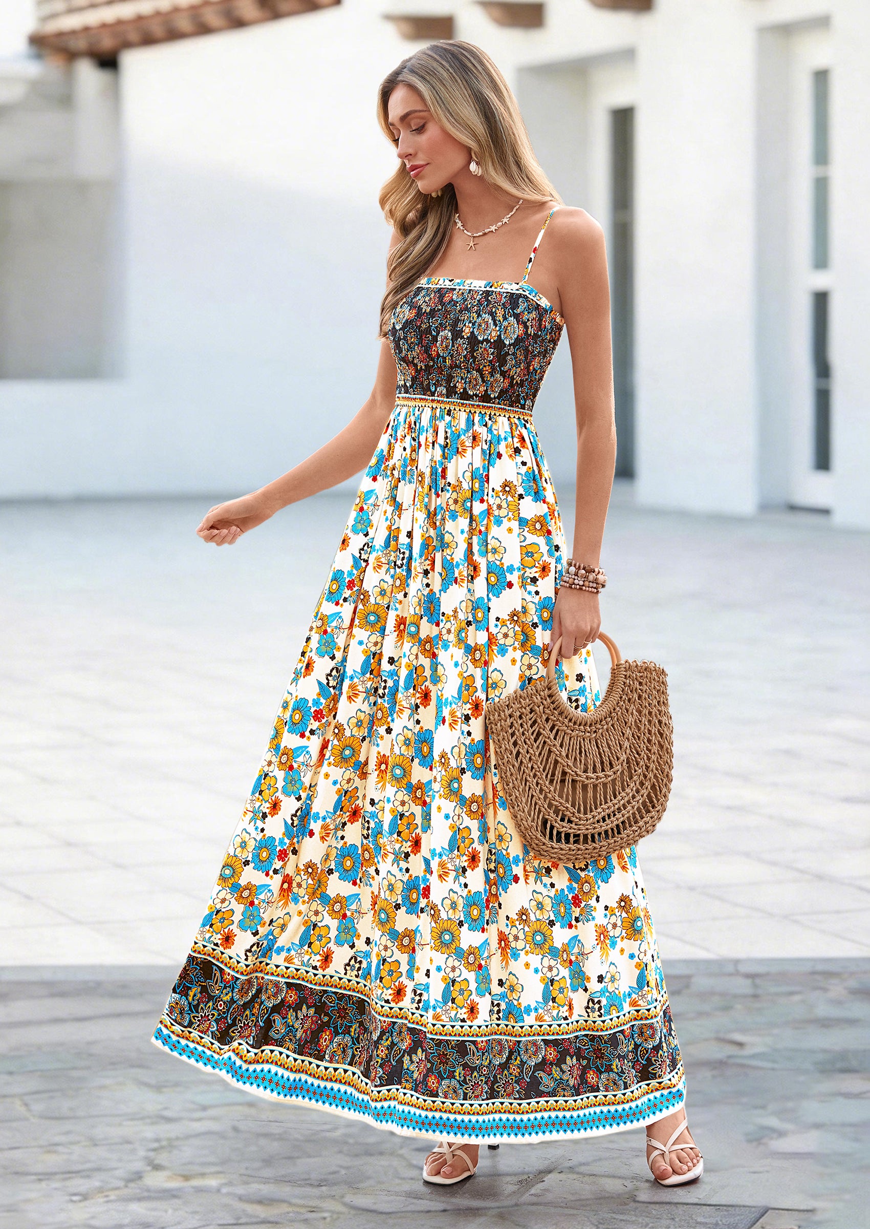PRETTYGARDEN Womens Floral Maxi Dress Boho Casual Summer Spaghetti Strap Smocked Sleeveless Flowy Beach Vacation Dresses