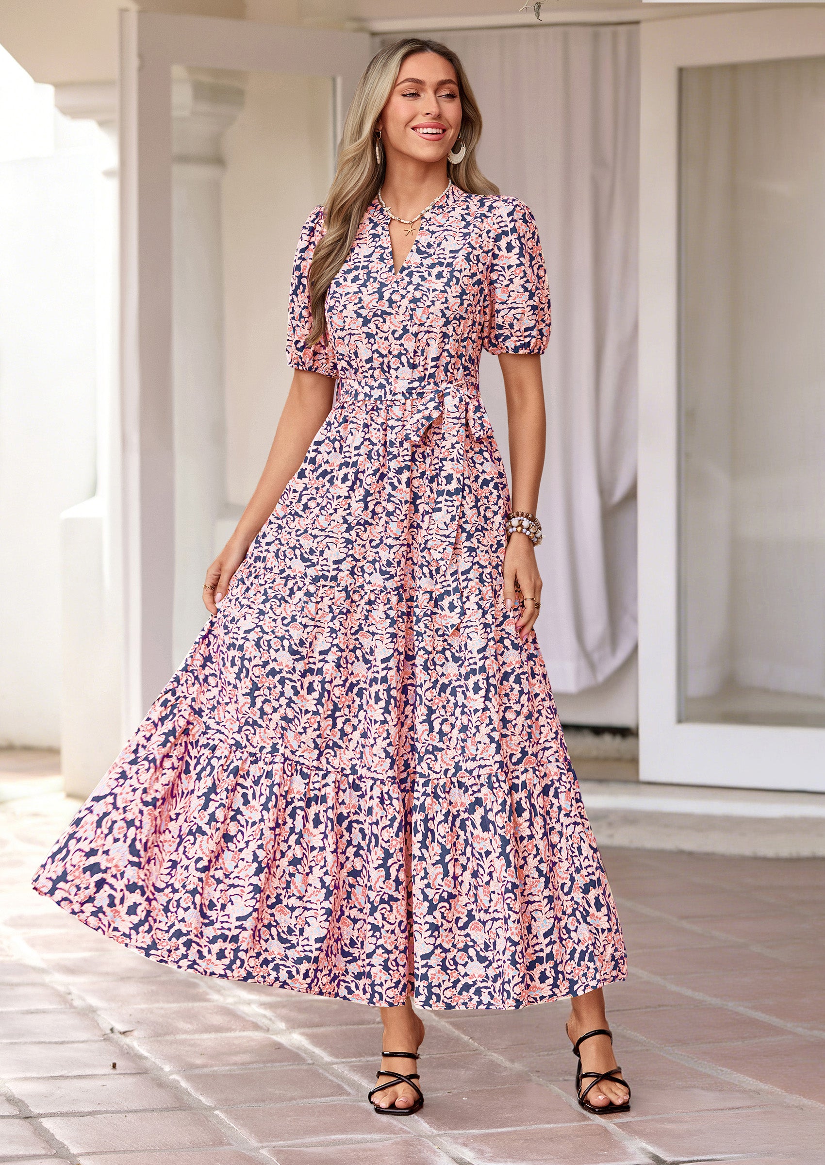 PRETTYGARDEN Women's Summer Maxi Dresses Boho Floral Short Sleeve V Neck Casual Wedding Guest 2026 Beach Vacation Outfits