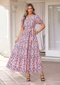 PRETTYGARDEN Women's Summer Maxi Dresses Boho Floral Short Sleeve V Neck Casual Wedding Guest 2026 Beach Vacation Outfits