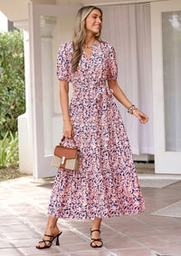 PRETTYGARDEN Women's Summer Maxi Dresses Boho Floral Short Sleeve V Neck Casual Wedding Guest 2026 Beach Vacation Outfits