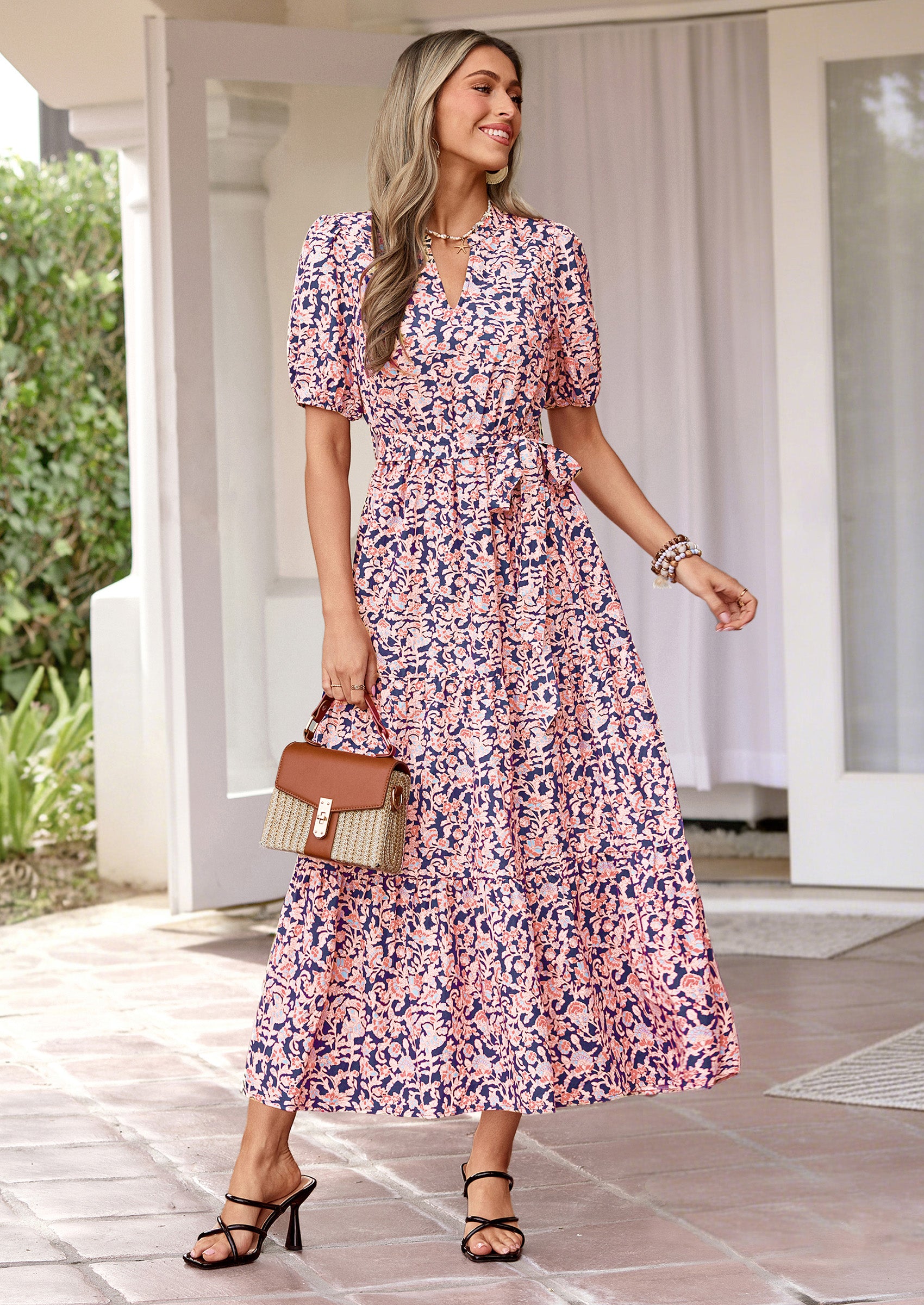 PRETTYGARDEN Women's Summer Maxi Dresses Boho Floral Short Sleeve V Neck Casual Wedding Guest 2026 Beach Vacation Outfits