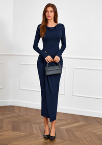 PRETTYGARDEN Women's Fall Wedding Guest Cocktail Midi Dresses Elegant Long Sleeve Bodycon Ruched Dress Fashion Clothing