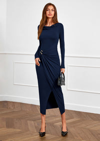 PRETTYGARDEN Women's Fall Wedding Guest Cocktail Midi Dresses Elegant Long Sleeve Bodycon Ruched Dress Fashion Clothing